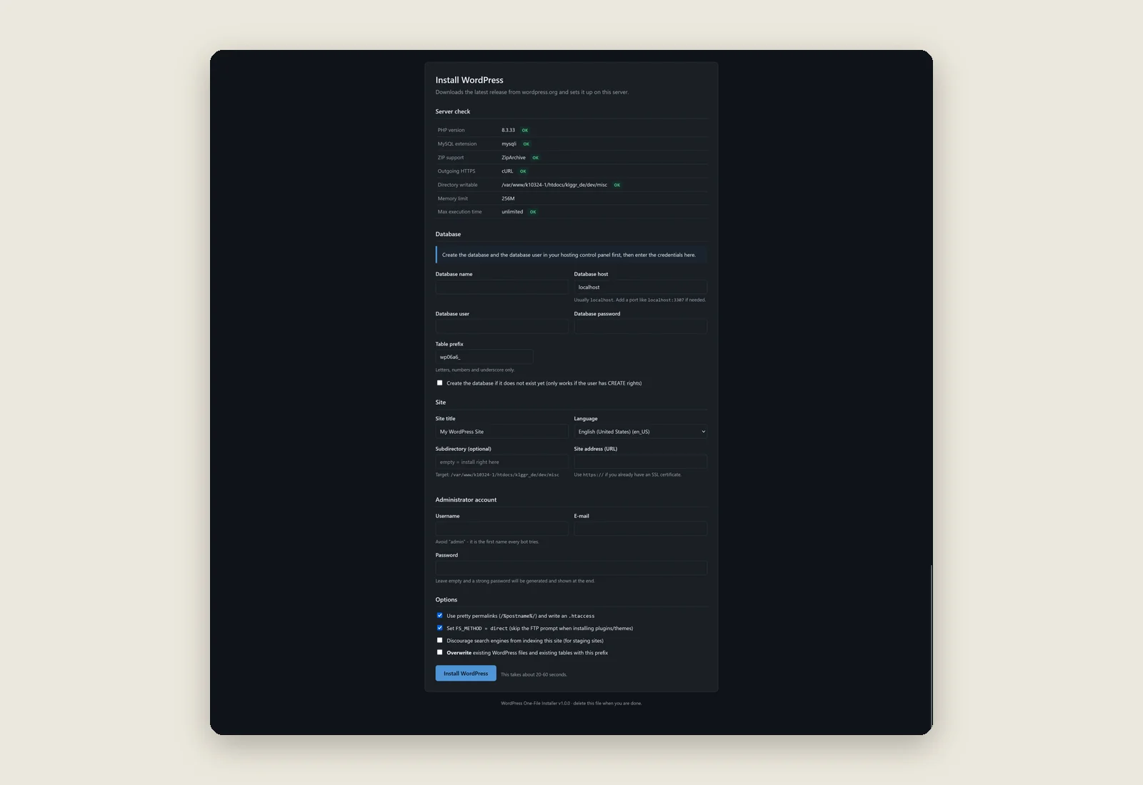 WordPress One-File Installer — Visual 1
